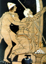 Afbeelding op Italiaanse vaas uit 330 voor JC: een andere versie van het bekende verhaal! Een geest houdt Tantalos weg van een mand brood en een karaf water.
